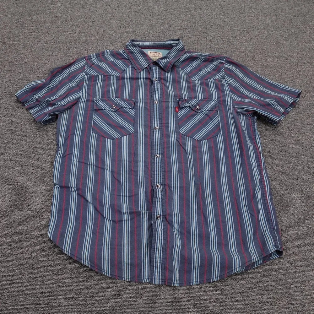 Vintage Levi's Shirt Mens Large Blue Stripe Long Horn Western Snap